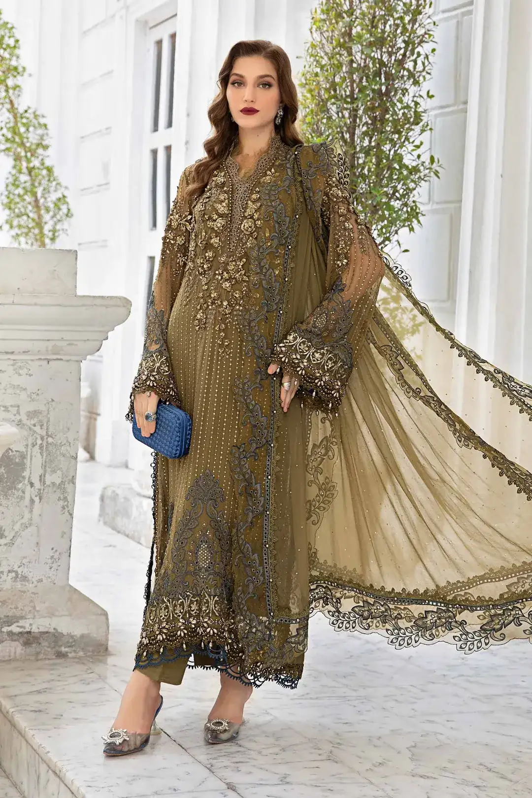 Maria B Unstitched Embroidered Chiffon Suit   | MPC-24-108-BRONZE