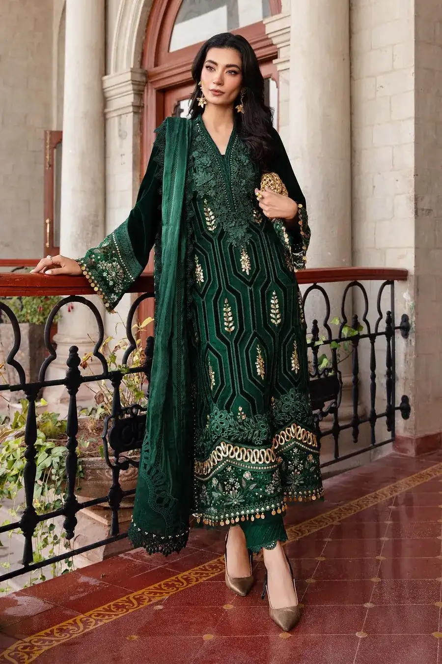 Embroidered Velvet Suit | DL-1212-Emerald Green