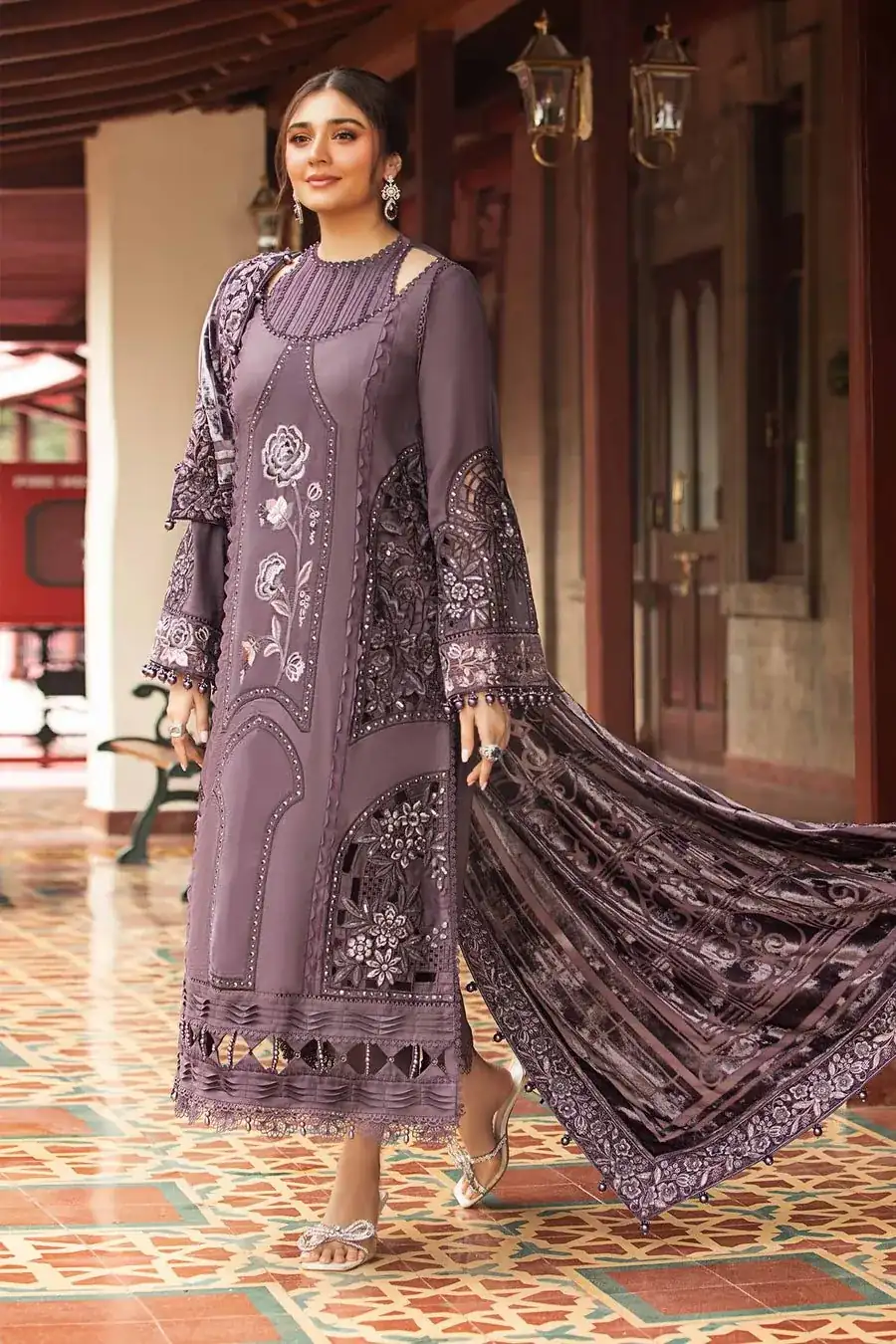 Embroidered Linen Suit | DL-1202-Dull Lilac
