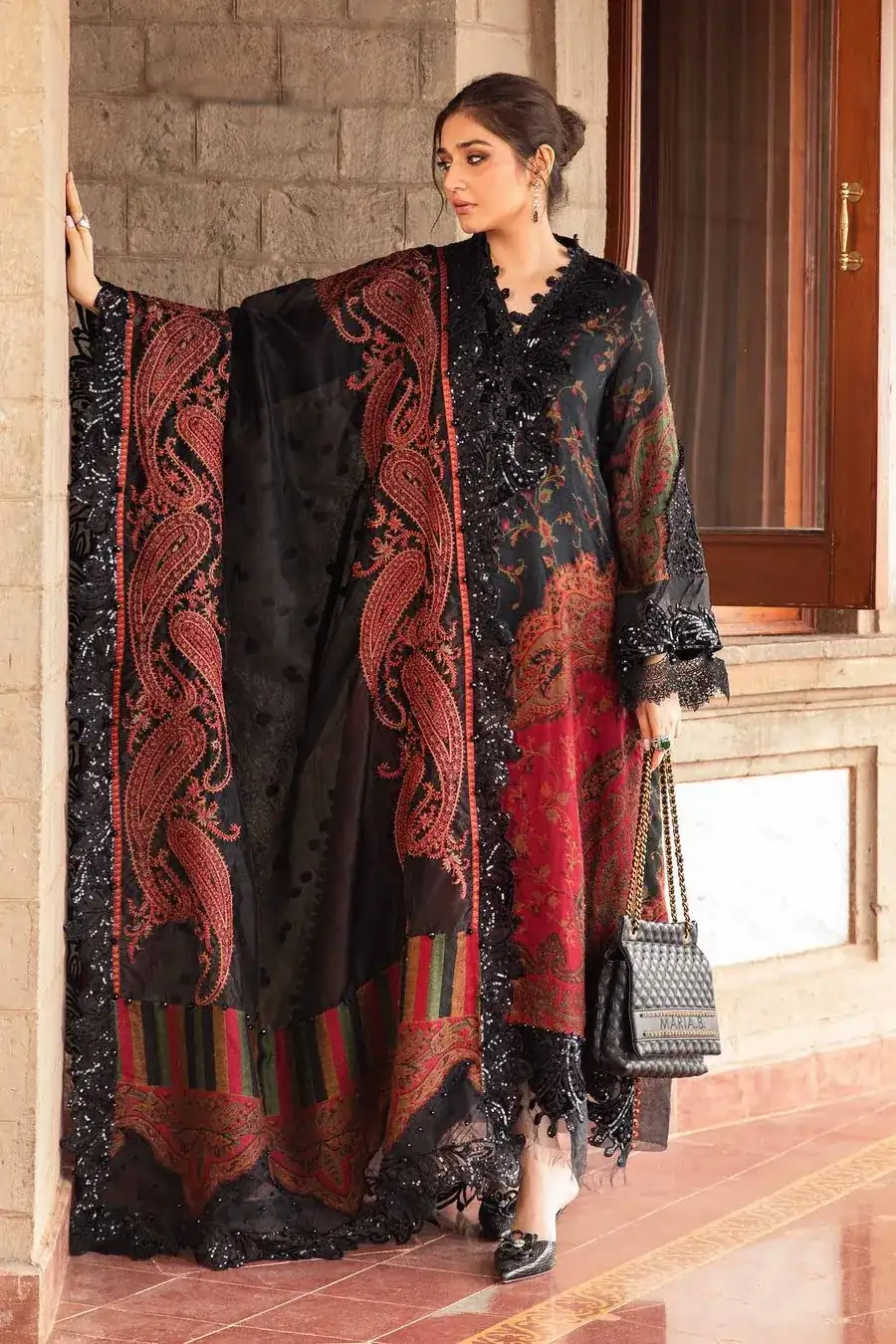 Embroidered Woven Suit | DL-1204-Black and Maroon