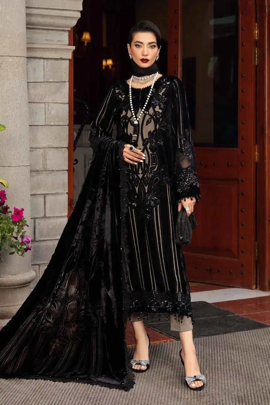 Embroidered Velvet Suit | DL-1205-Black and Beige