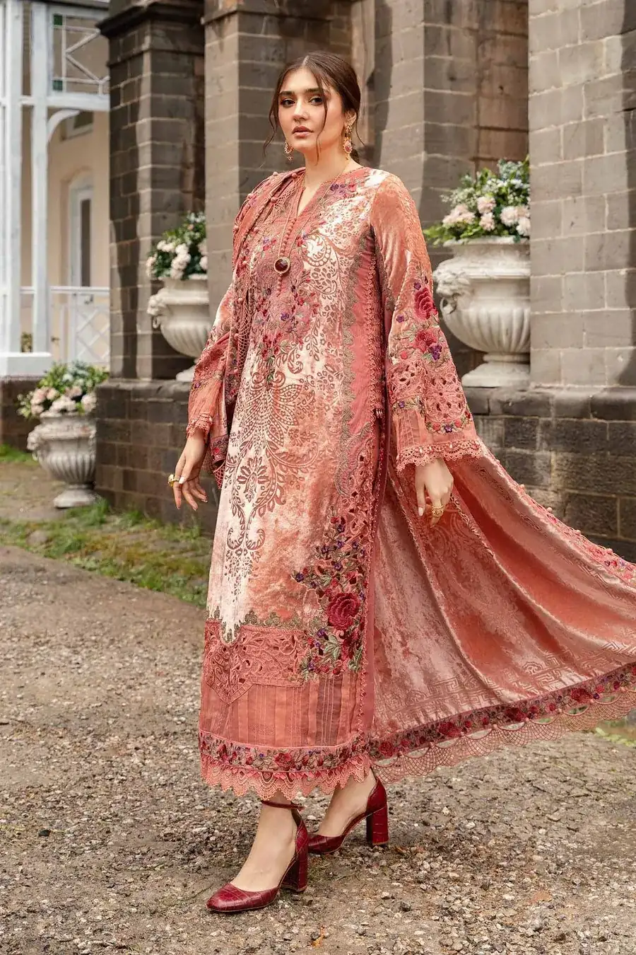 Embroidered Palachi Suit | DL-1206-Salmon Pink