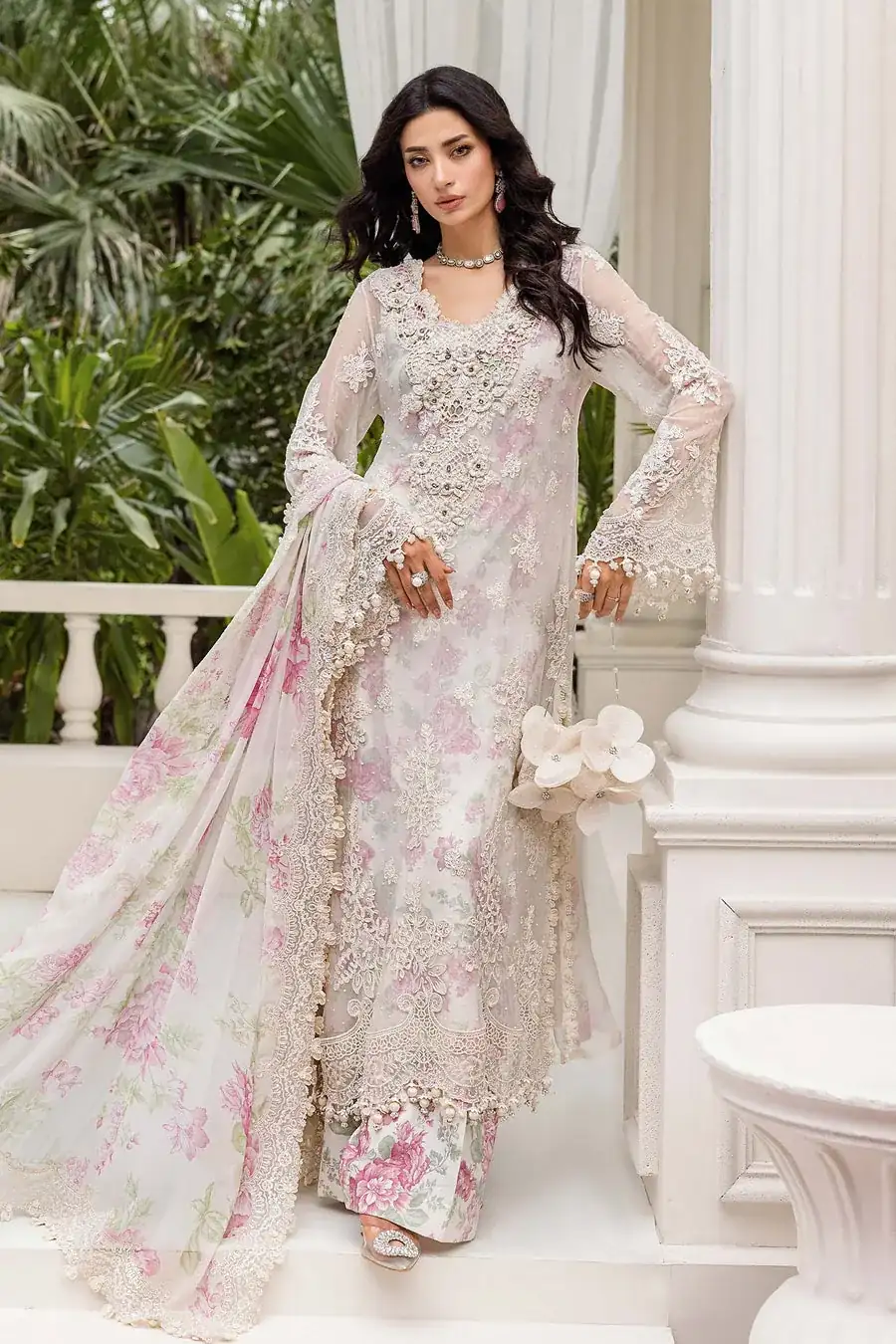 Maria B Unstitched Embroidered Chiffon Suit | MPC-25-101-Off White Rose