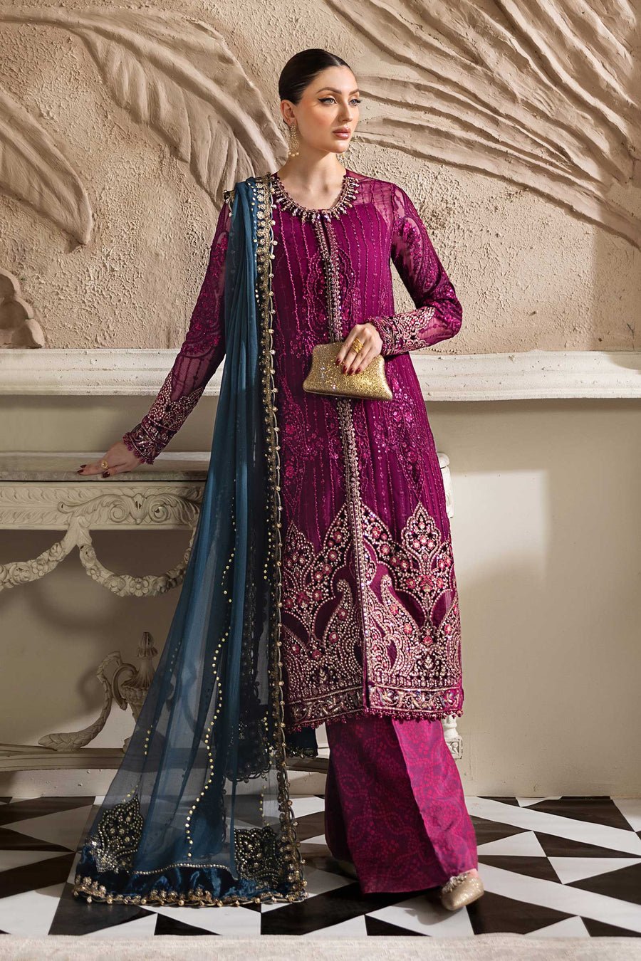 Maria B Unstitched Embroidered Chiffon Suit | MPC-25-102-Magenta