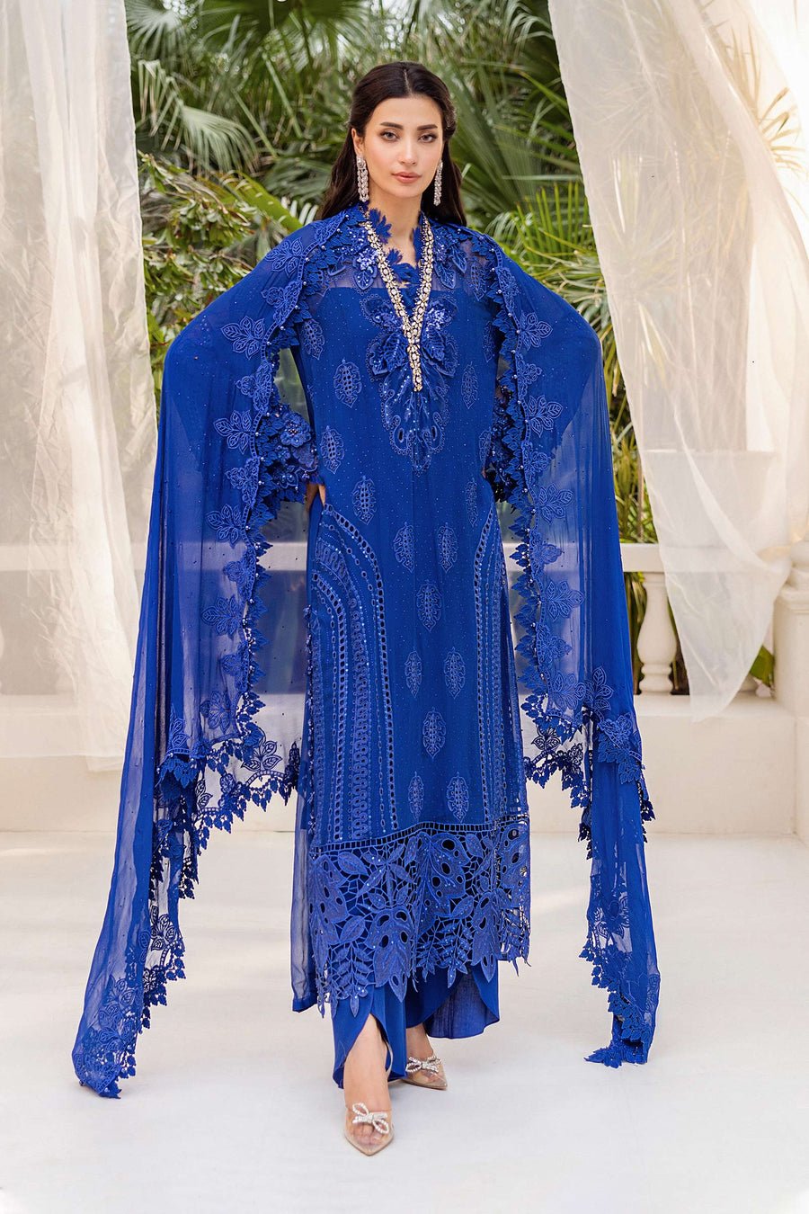 Maria B Unstitched Embroidered Chiffon Suit | MPC-25-103-Cobalt Blue