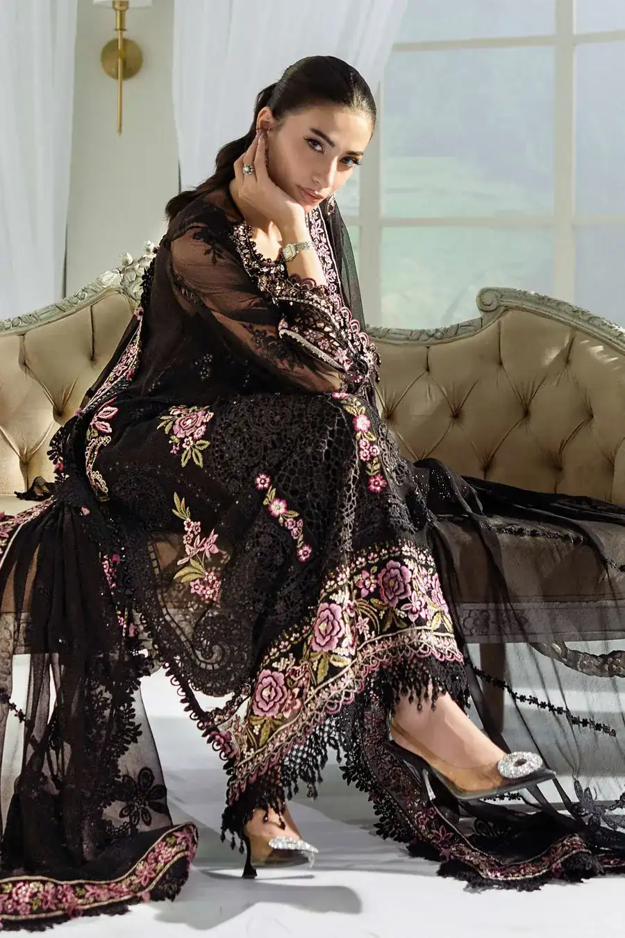 Maria B Unstitched Embroidered Chiffon Suit | MPC-25-104-Black