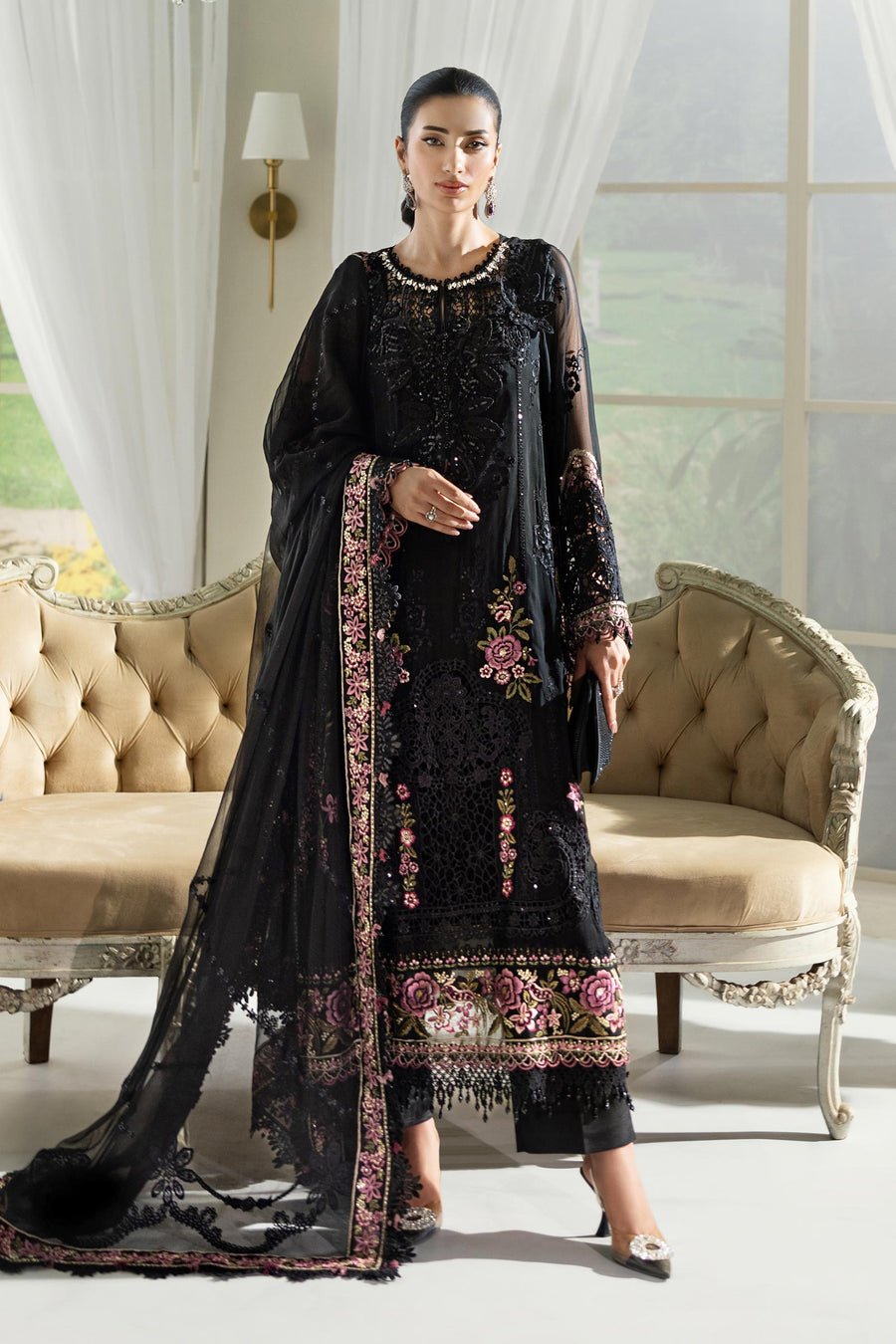 Maria B Unstitched Embroidered Chiffon Suit | MPC-25-104-Black