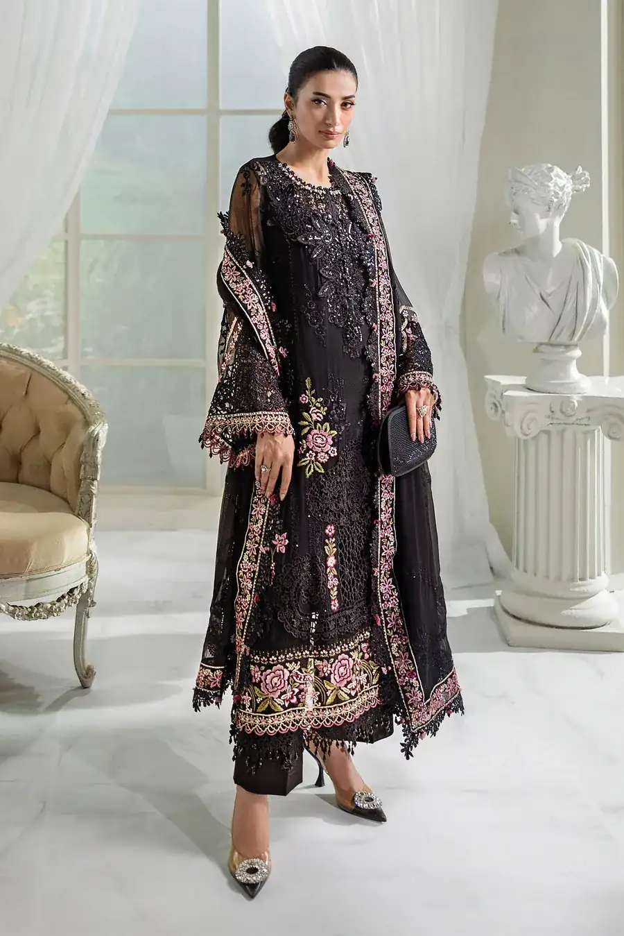 Maria B Unstitched Embroidered Chiffon Suit | MPC-25-104-Black