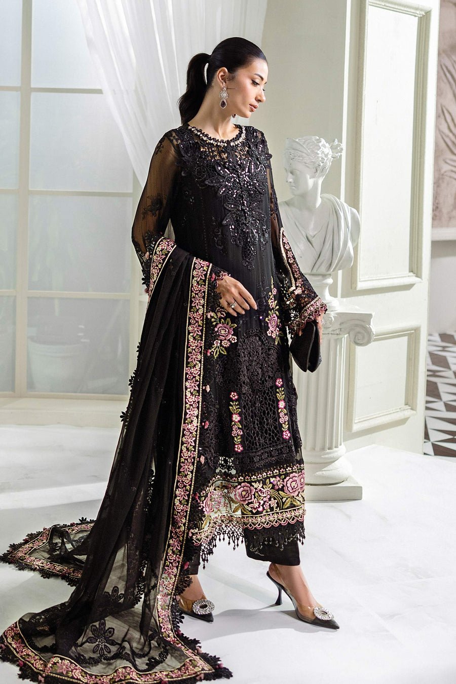 Maria B Unstitched Embroidered Chiffon Suit | MPC-25-104-Black