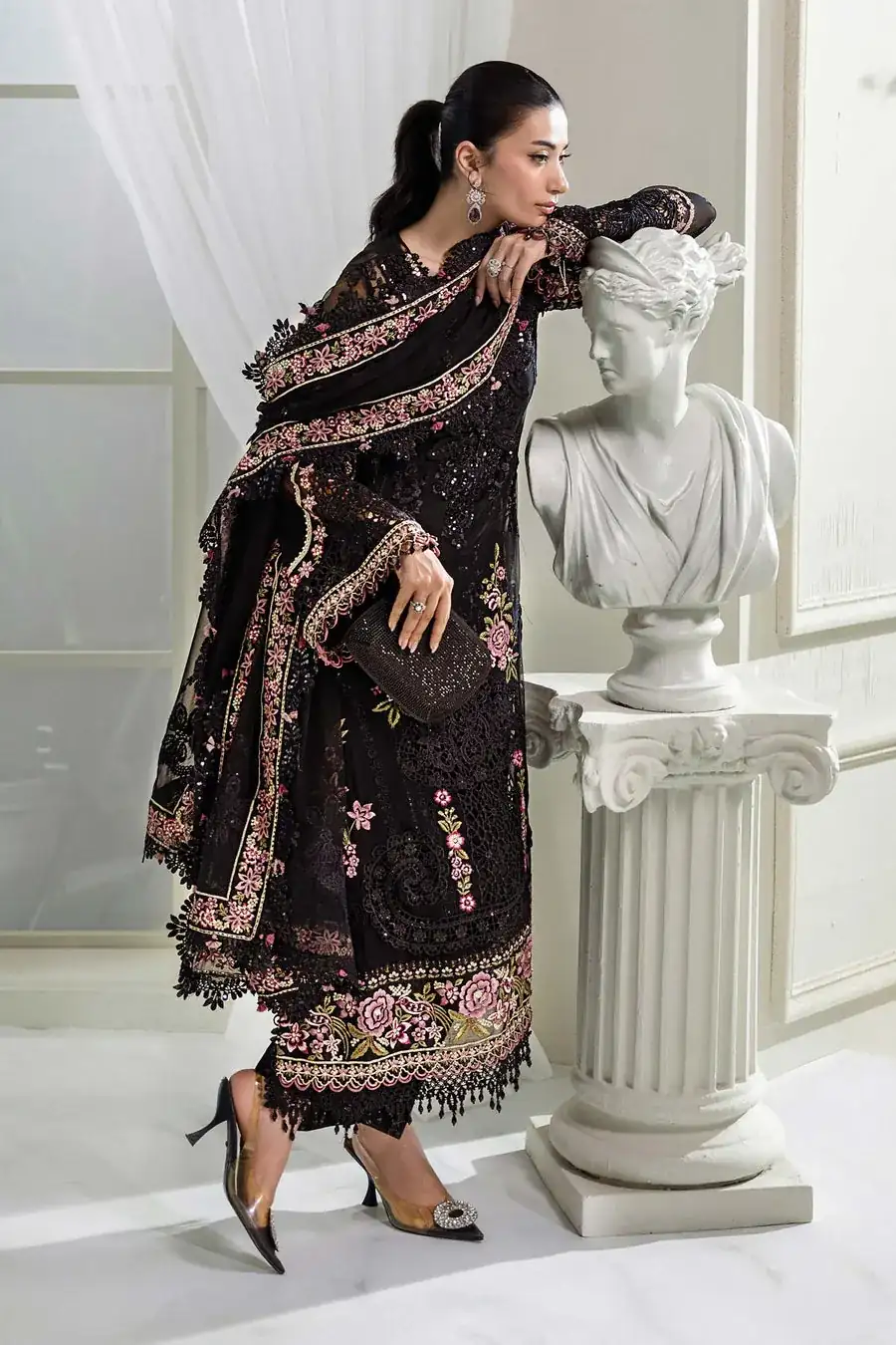 Maria B Unstitched Embroidered Chiffon Suit | MPC-25-104-Black