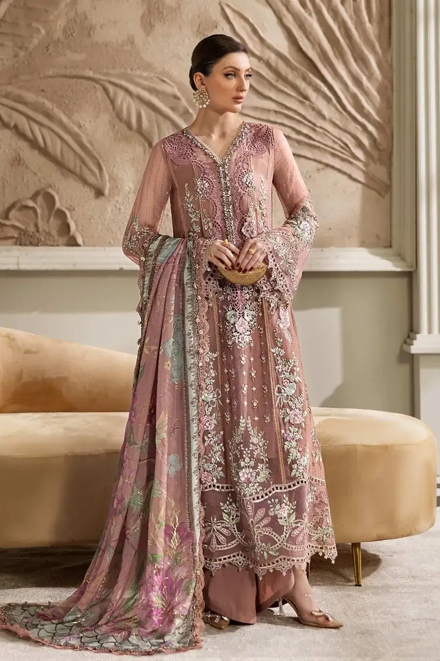 Maria B Unstitched Embroidered Chiffon Suit | MPC-25-105-Tea Pink