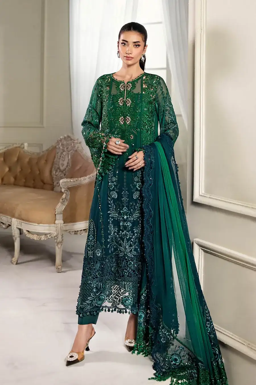 Maria B Unstitched Embroidered Chiffon Suit | MPC-25-106-Emerald Green To Teal