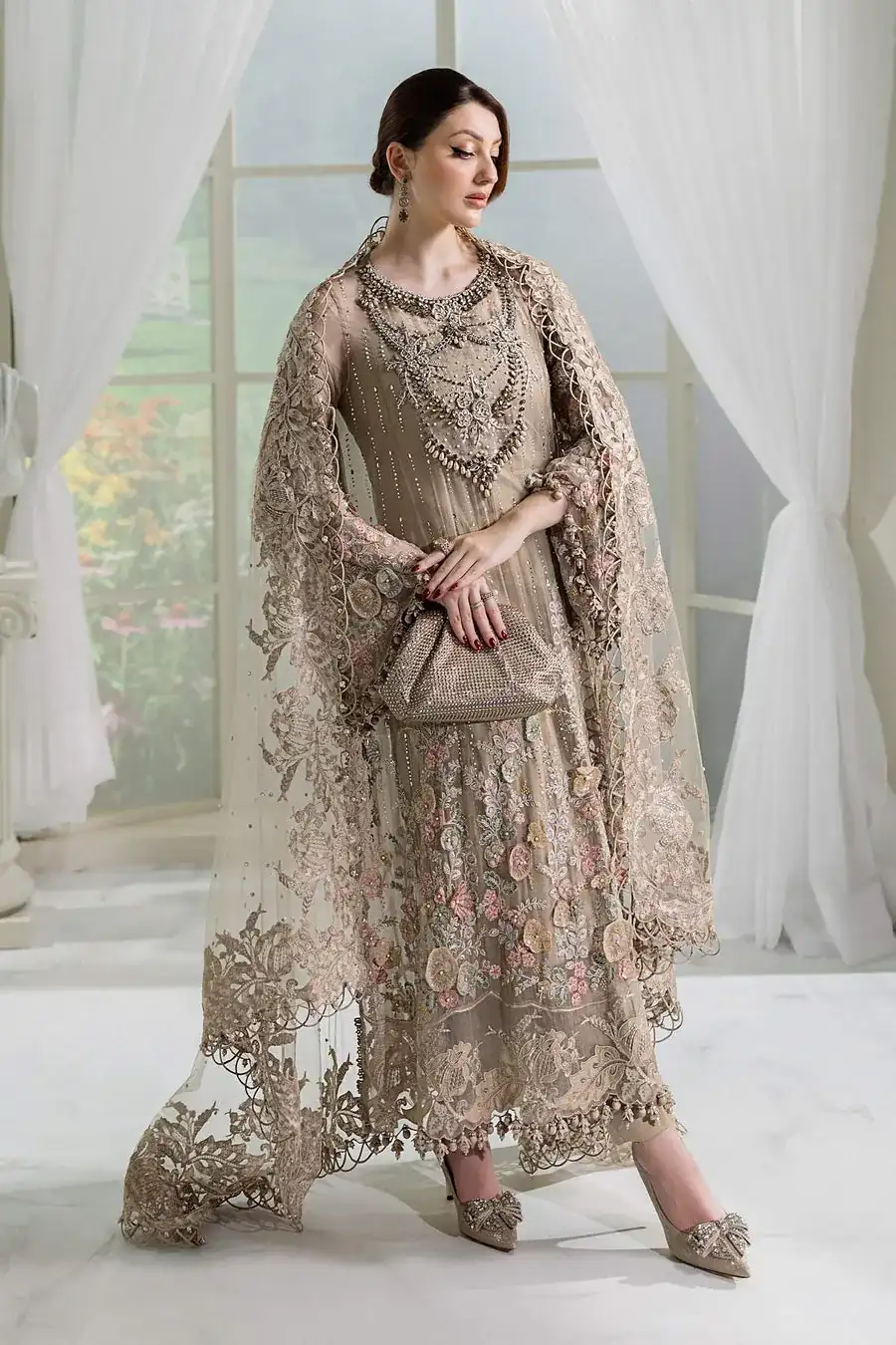 Maria B Unstitched Embroidered Chiffon Suit | MPC-25-107-BEIGE
