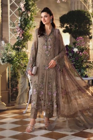 Maria B Unstitched Embroidered Chiffon Suit | MPC-26-102-Muted Mocha Brown