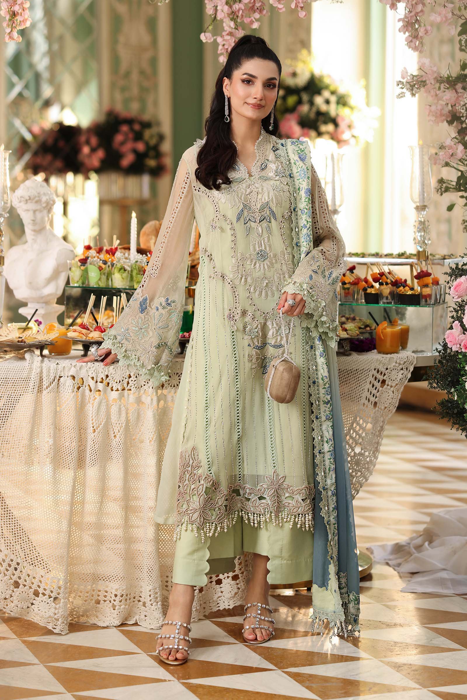 Maria B Unstitched Embroidered Chiffon Suit | MPC-26-105-Pistachio Green
