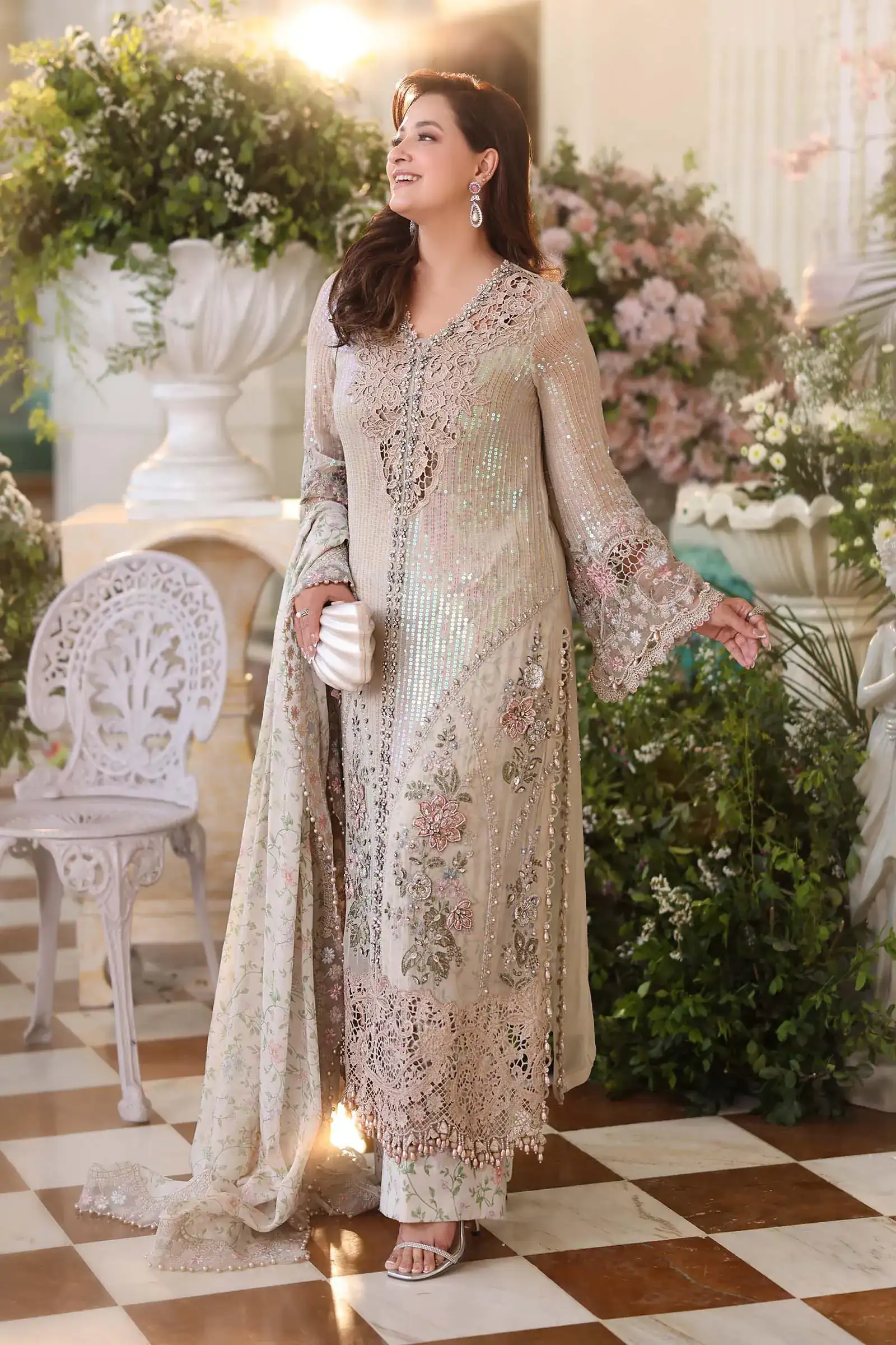 Maria B Unstitched Embroidered Chiffon Suit | MPC-26-107-Ivory Beige