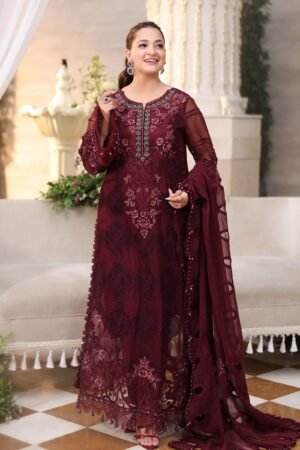 Maria B Unstitched Embroidered Chiffon Suit | MPC-26-108-Burgundy